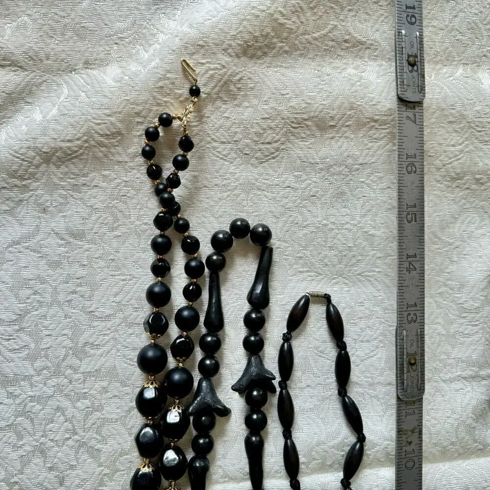 10 Black Beaded Necklace and Earring Lot Glass, Wood, Plastic Vintage 1950’s+